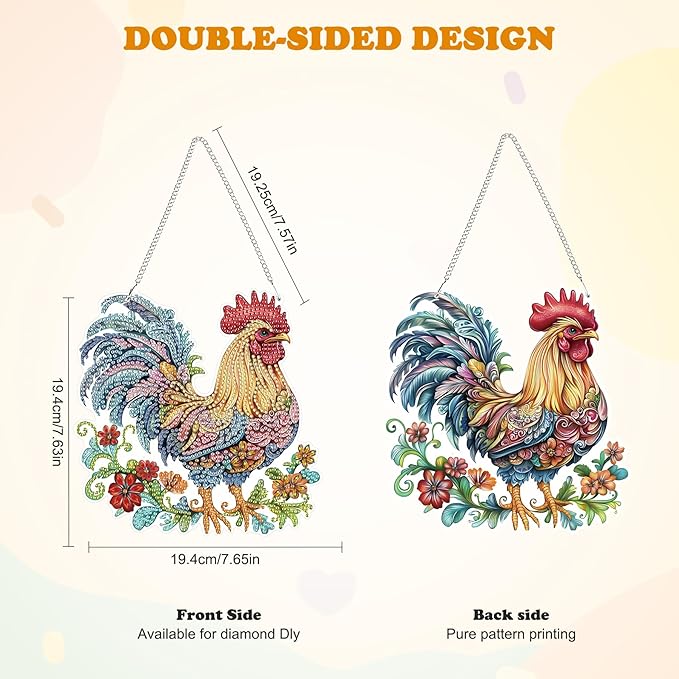 HEIBAG Rooster Hanging Diamond Art Kits for Adults, Chicken Special Shaped Crystal Diamond Painting Ornament Kit, DIY Double-Sided Pattern Window Pendant Gem Art Kit for Home Wall Decor 8.3x8.3inch