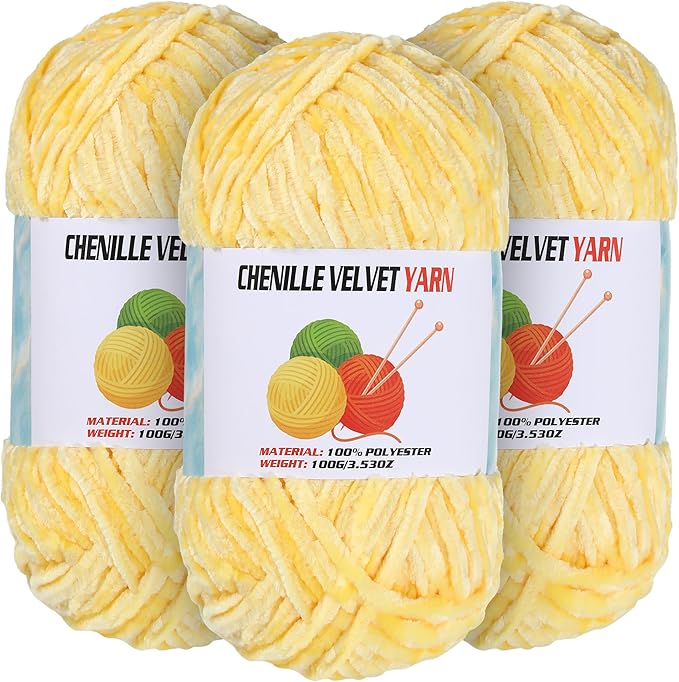 3 * 100g Velvet Chenille Chunky Yarn for Crocheting, Handcrafts Weaving Soft Chenille Yarn for Crocheting Clearance, Used for Making Baby Yarns Blanket, Clothes, Knitting Creations (Yellow)