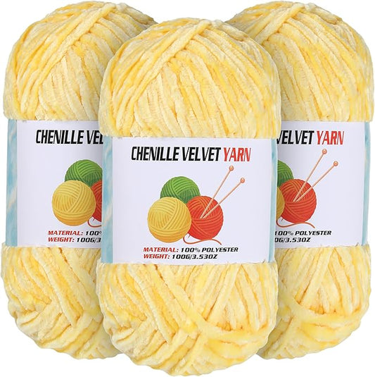 3 * 100g Velvet Chenille Chunky Yarn for Crocheting, Handcrafts Weaving Soft Chenille Yarn for Crocheting Clearance, Used for Making Baby Yarns Blanket, Clothes, Knitting Creations (Yellow)
