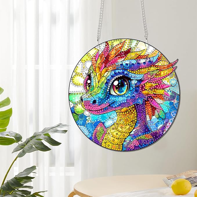 Reofrey Hanging Diamond Art Kits for Adults - 8x8 Inch Dinosaur Acrylic Board Double Sided Pattern Diamond Painting Suncatcher Pendant, DIY Crystal Art for Home Wall or Window Decoration Handmade Gift