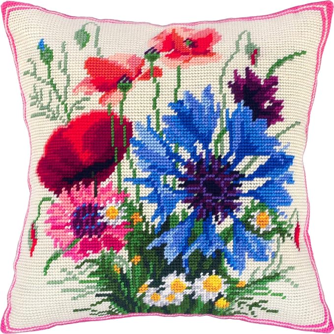 Brvsk Floral Embroidery Kit for Adults and Beginners — Poppies and Cornflowers 16″ × 16″ with Clear, Precise Printed Design on Cotton Canvas; Includes 2 Needles, Yarn, and Easy-Read Chart