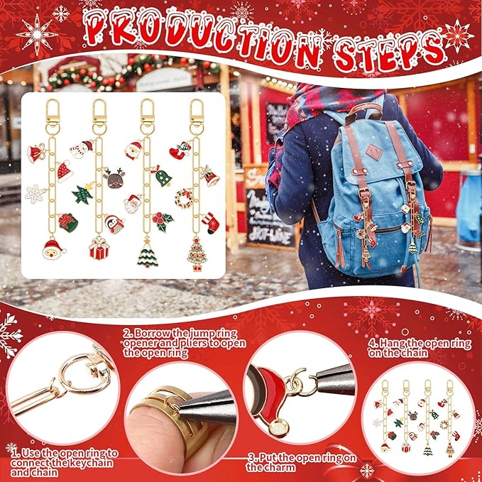 AUGSUN 189Pcs Christmas Keychain Making Kit, Charm Making Crafts Including 60 Christmas Charms 12 Keychain Clips Hooks 15 Extender Chains 100 Jump Ring and Jewelry Plier for Holiday Gifts