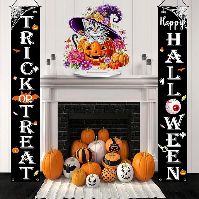 Diamond Art Hanging Kits for Adult, Diamond Art Halloween Crafts Decor, 5D DIY Acrylic Diamond Art Painting Ornaments, Window Pendants Wall Hanging Kits for Home Garden (Cat)