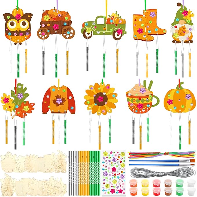 JellyArch 30 Pack Thanksgiving Day Fall Wind Chime Making Kit for Adults Make Your Own Wind Chime Harvest Maple Leaf Wooden Ornaments for DIY Activity Birthday Decoration