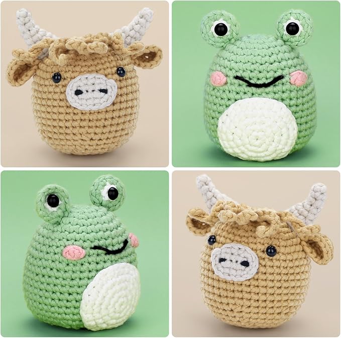 CrochetBox Crochet Kit for Beginner, Highland Cow and Frog Learn How to Crochet Stuffed Animals Gift for Adults and Teen(), Knitting Set with Yarn Hook Stitch-by-Stitch Video Tutorial