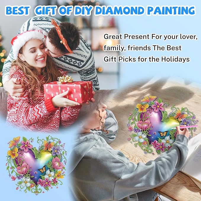 Heart-Shaped Flower Diamond Art Hanging Kits for Adults, Diamond Art Suncatchers Flower, 5D Special Shape Diamond Painting Pendant Window Ornament Gifts for Home Door Wall Garden Decor