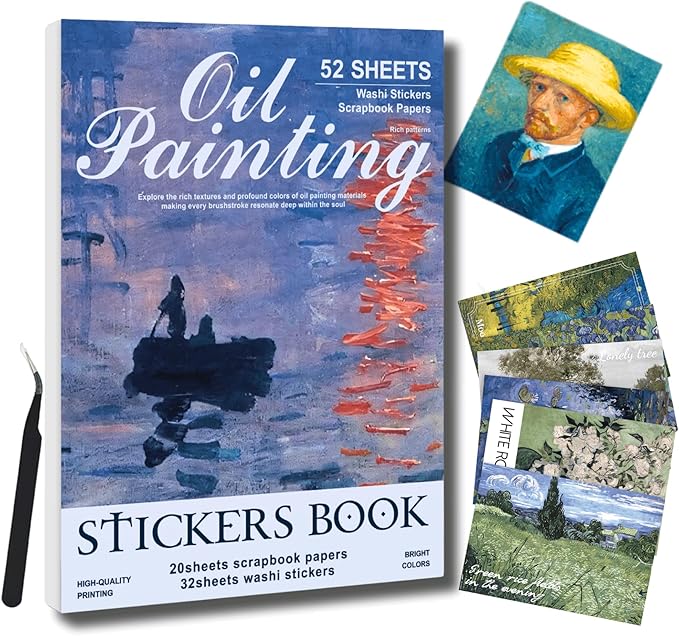 32 Sheets Vintage Oil Painting Stickers & 20 Sheets Ephemera Papers Kit -Classical Art Stickers, Junk Journal Supplies for Adults, Scrapbooking Collage, Scrapbook Paper Pack