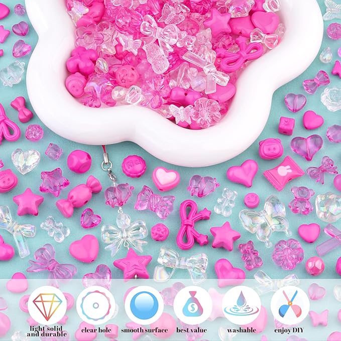 200-260pcs tinkrstuff assorted rose pink acrylic beads for bracelet making, cute beads for jewelry making flower bow butterfly gummybear aesthetic bracelet charms,diy necklace keychain phone charm