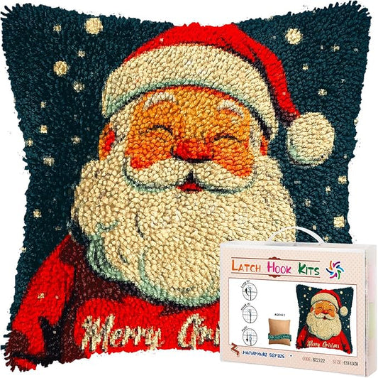 DIY Latch Hook Pillow Kits for Adults Merry Christmas Santa Claus Printed Pillowcase Crochet Yarns Hooking Handmade Pillow Cover Cushion for Home Sofa Decoration 17x17inch(3)