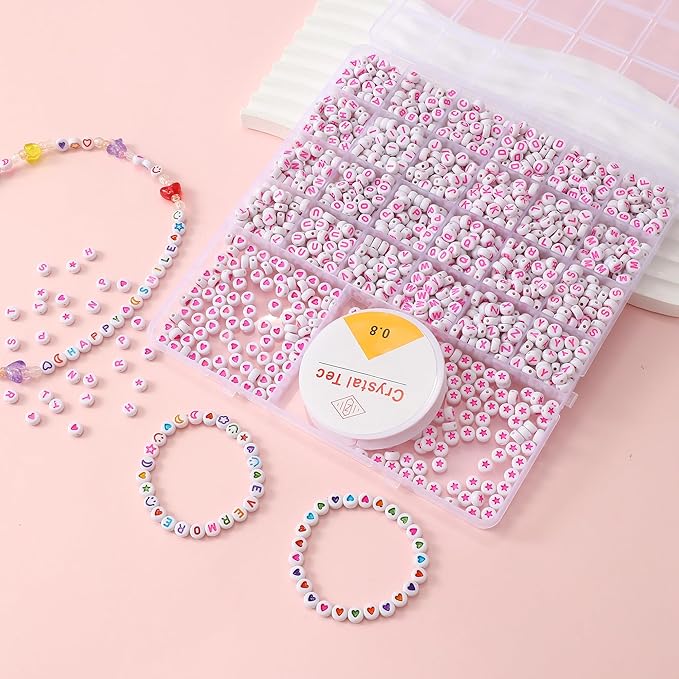 nikkiGuo 1250pcs 4x7mm White Round Acrylic Alphabet Beads A-Z Heart Beads with Numbers Crystal Line for Jewelry Bracelet, Necklace and Key Chains(Hot Pink White Colorful)