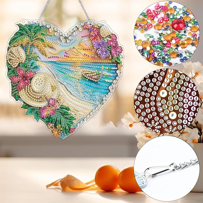 Bimkole Beach Diamond Art Hanging Kit for Adult, DIY 5D Diamond Art Landscapes Window Pendant, Acrylic Crystal Art Hanging Ornament Home Wall Garden Front Door Sign Outdoor Decor 7.8x7.8 Inch