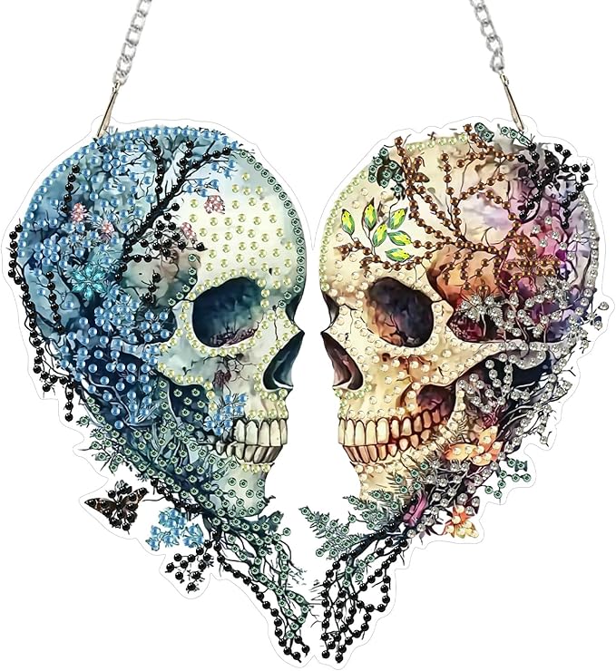 SENQAO Halloween Diamond Art Hanging Kits for Adults Beginners, DIY Acrylic 5D Special Shaped Crystal Diamond Gem Art Painting Hanging Ornament for Home Wall Decor and Gift（Skull Love）