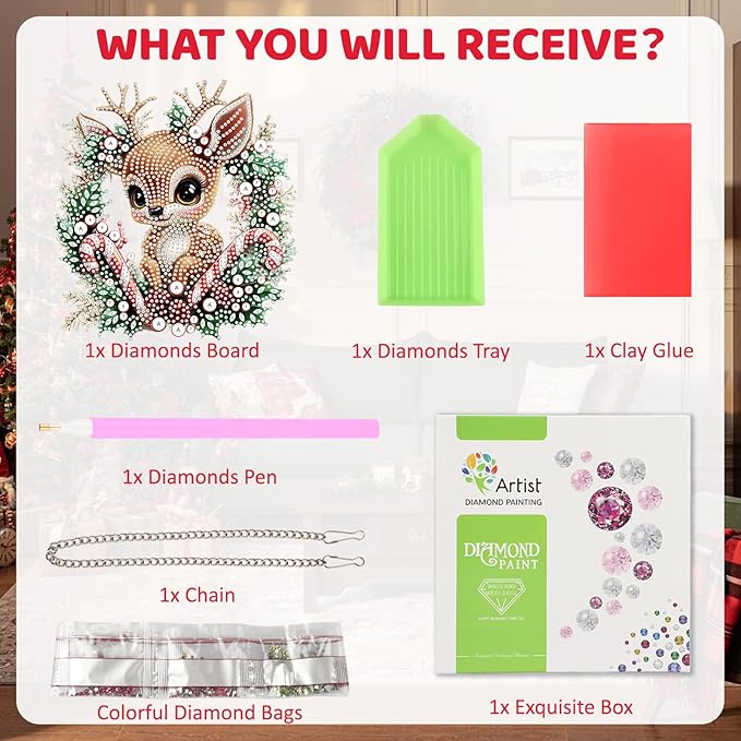 MEIYUDA Christmas Deer Diamond Art Hanging Kits for Adult, Elk Wreath Diamond Painting Hanging Kits Ornaments, DIY Special Shaped Rhinestone Window Pendants kit for Home Garden Wall Decor