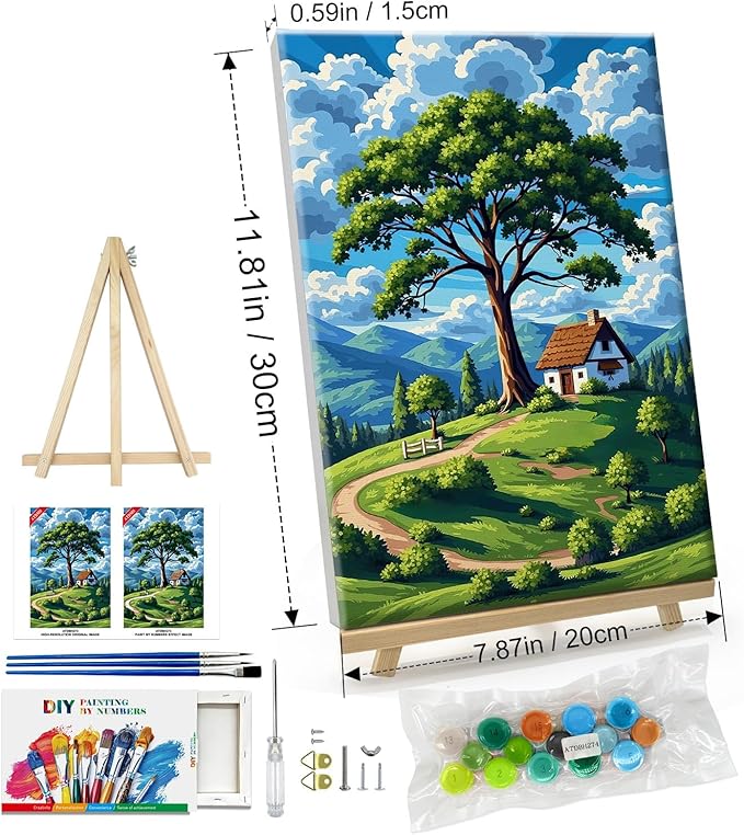 ATDMS Paint by Numbers Kit for Adults with Frame Landscape Paint by Number with Easel Tree Adult Paint by Number Kits Framed Canvas DIY Mountain Acrylic Oil Painting kits for Home Wall Decor 8x12 Inch