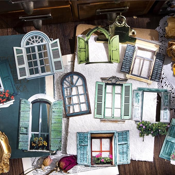 60 PCS Vintage Paper Window Frame Stickers, Aesthetic Decorative Window Cutouts Scrapbook Stickers for DIY Diary Junk Journal Handbook Album Decoration Label Sticker Journaling Scrapbooking Supplies