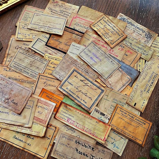 Coffee Stained Junk Journal Supplies, Handwritten Style Ephemera for Junk Journals, 45pcs Vintage Decoupage Paper for Scrapbook Kit, Aged Tag Label Materials for Room Decor Wall Collage Kit