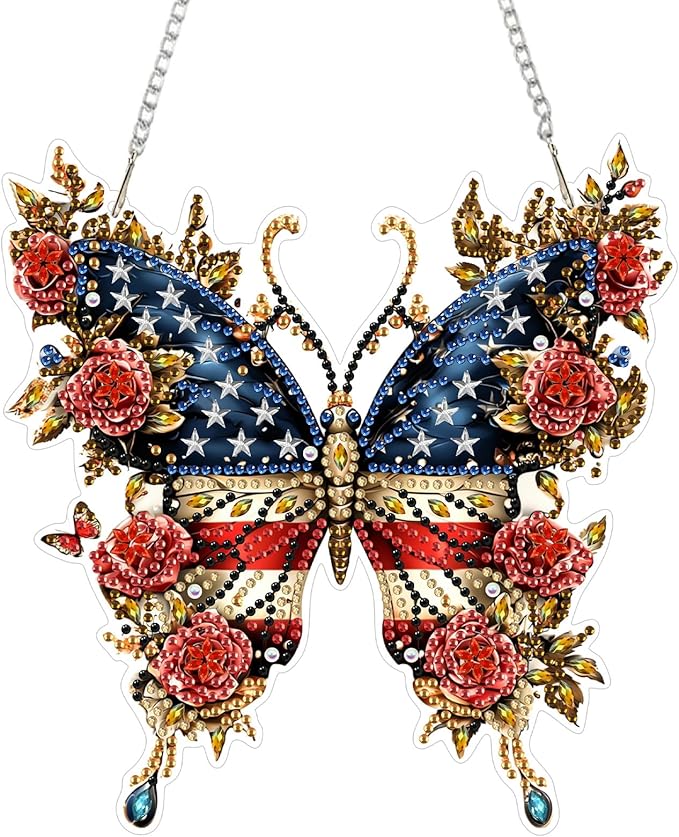 KEYIFA American Flag Hanging Diamond Art Painting Kits for Adults and Kids Age 8-12, 5D Special Shape Diamond Dots Kit Butterfly, Crystal Gem Painting Art Crafts for Window, Wall, Door, Garden Decor