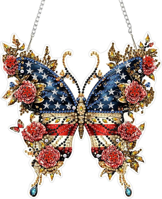 KEYIFA American Flag Hanging Diamond Art Painting Kits for Adults and Kids Age 8-12, 5D Special Shape Diamond Dots Kit Butterfly, Crystal Gem Painting Art Crafts for Window, Wall, Door, Garden Decor