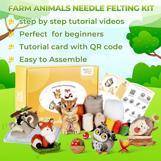 MOREJMTT Needle Felting Kit, 5 PCS Animal Needle Felting Beginner Kits, Wool Felt Needle Felting Tools Foam Pad, Craft Party Supplies for Beginners Adult(Forest Animals)