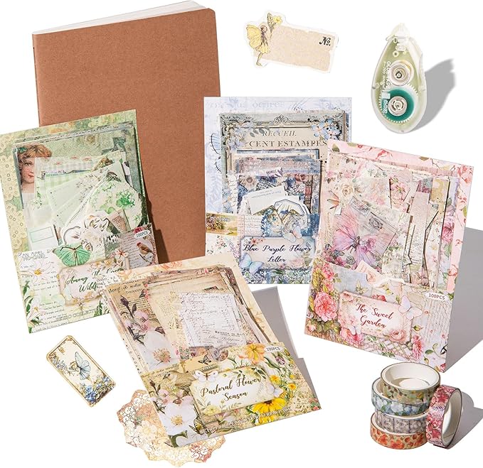 joychoic vintage floral scrapbook kit, 4 packs junk journal supplies for beginner, large collection journaling and scrapbooking materials, bullet diy arts craft collage, adults