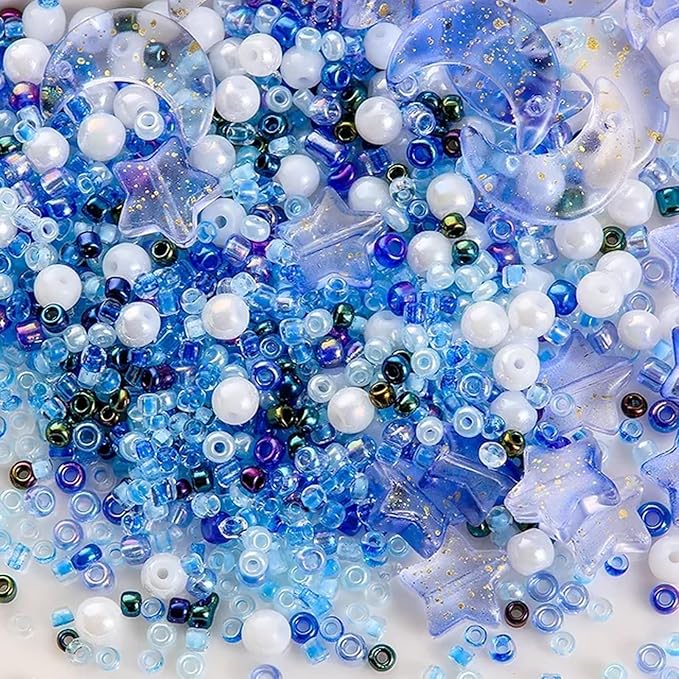 Mixed Star Moon Crystal Glass Beads Seedbeads Loose Round Pearl Beads for Jewelry Making Craft Bracelets Necklaces Earrings DIY Crafts Projects Blue Glass Spacer Bead Kits for Crafts
