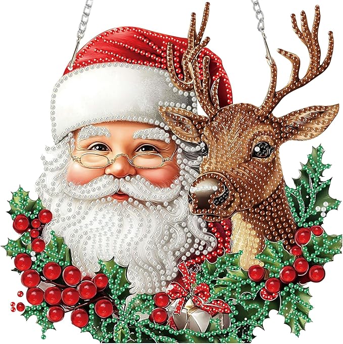 Miwixy Christmas Hanging Diamond Art Kits for Adults, Santa Claus Xmas Deer Special Shaped Diamond Painting Ornament Kit DIY Double-Sided Pattern Window Pendant Gem Art Kit Home Wall Decor