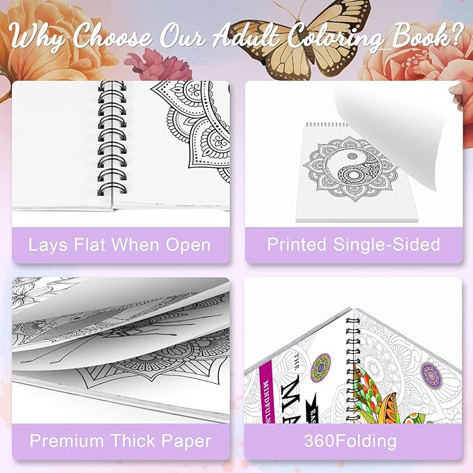 3Pcs Adult Coloring Book Spiral Bound, Mandala Coloring Book for Adult Relaxation, Original Design with 72 Patterns, Thick Paper One Sided Design, Hand-Drawn Design, Anxiety Relief Mindfulness Gifts