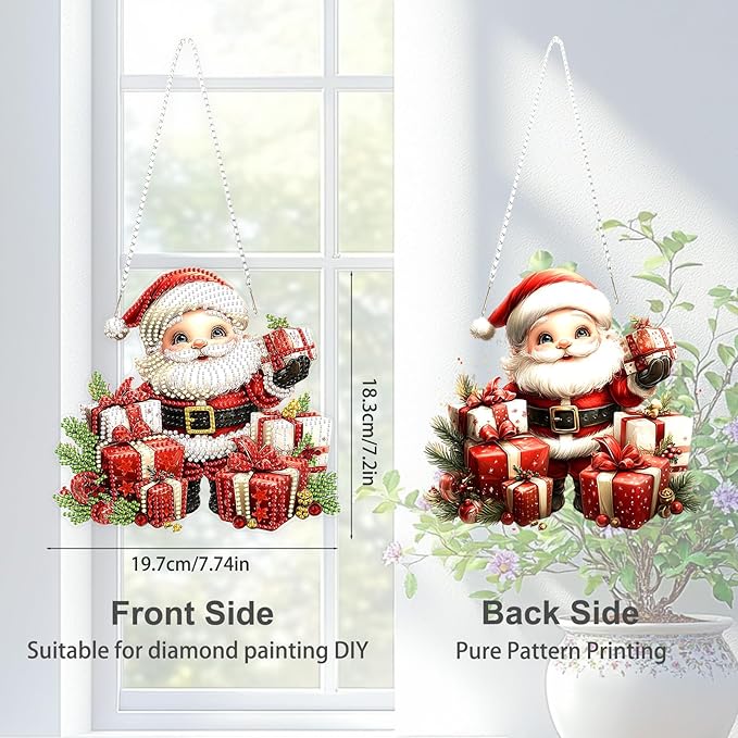 TOSTOG Hanging Diamond Art Kits for Adults, Father Christmas Diamond Paintings for Adults, Diamond Art Kits Window Pendant, 5D Diamond Paintings Hanging Pendant Kit Wall Decor Gift