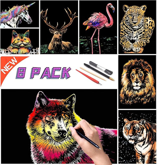 Scratch Rainbow Painting Art Paper Scratch & Sketch Art for Adults Scratch Painting Creative Gift Engraving Art&Craft Set Sketch Pad DIY Scratchboard with 4 Tools 11.7''x8.3''(Animal Series)