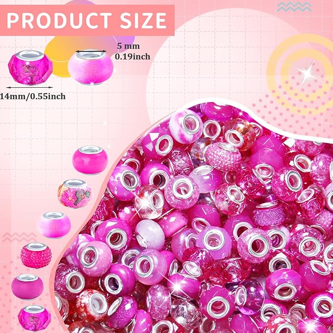 150Pcs Large Hole Beads Spacer Beads Rose Red Assorted European Craft Big Beads Large Hole Lampwork Murano Bead Fairy Wand Garden Bead for DIY Bracelet Necklace Jewelry Making Decoration Supplies
