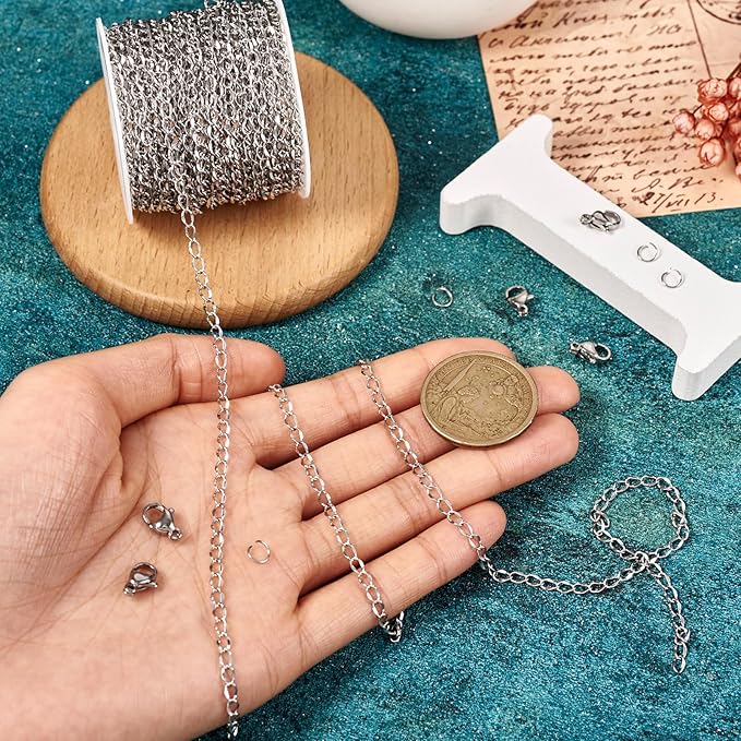 Sparkeads 10M Silver Chain for Jewelry Making,Stainless Steel Chain,Silver Link Necklaces for Women,Cable Chain Bracelet Chains for Bracelet DIY Earring Craft Supplies Jewelry Making,4.5x2.5x1mm