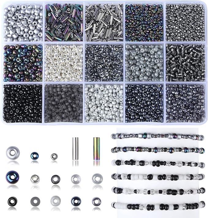DUQGUHO Black Beads for Bracelet 4mm Black Glass Seed Beads Kit 15 Color 3mm 2mm Small Plastic Tube Bead for Jewelry Making Craft DIY