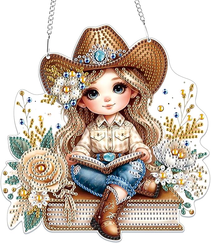 Bowetile Cow Girl Diamond Art Hanging Kits for Adults, 5D Special Shape Diamond Painting Kits, Animal Gem Art Suncatchers Painting Pendant Ornament for Home Garden Wall Decor