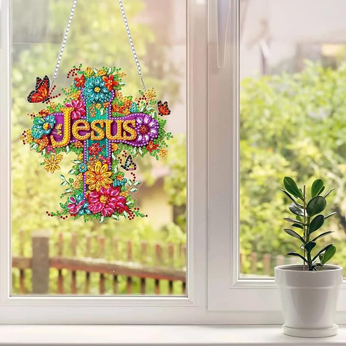 MAXBYE Diamond Art Kits for Adults Hanging Pendant, Jesus Cross DIY Special Shaped Diamonds Painting Double Sided Rhinestone Gem Art for Beginners Gift Window Wall Door Decoration 8×8 Inch
