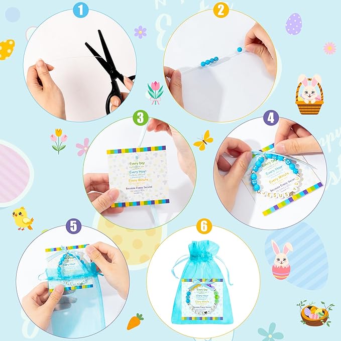 BeYumi Easter Christian Bracelet Craft - 24Pcs Easter DIY Religious Jesus Love You Letter Beads Bracelet with Bible Verse Gift Cards Jesus Faith Craft Kit VBS Week Sunday School Church Party