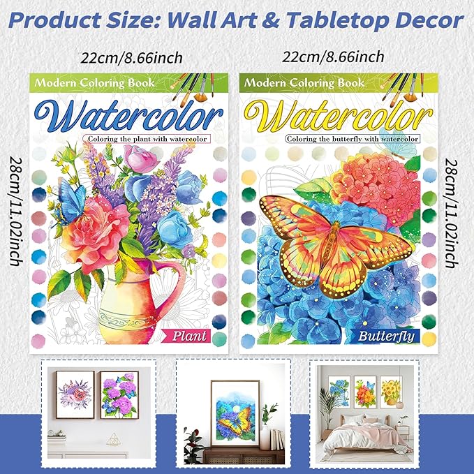 2Pcs Adults Water Coloring Book: 24 Advanced Exquisite Patterns – 100% Cotton 300gsm Paper, A4 Size – for Beginners & Professionals to Enhance & Consolidate Watercolor Techniques (Plant & Butterfly)