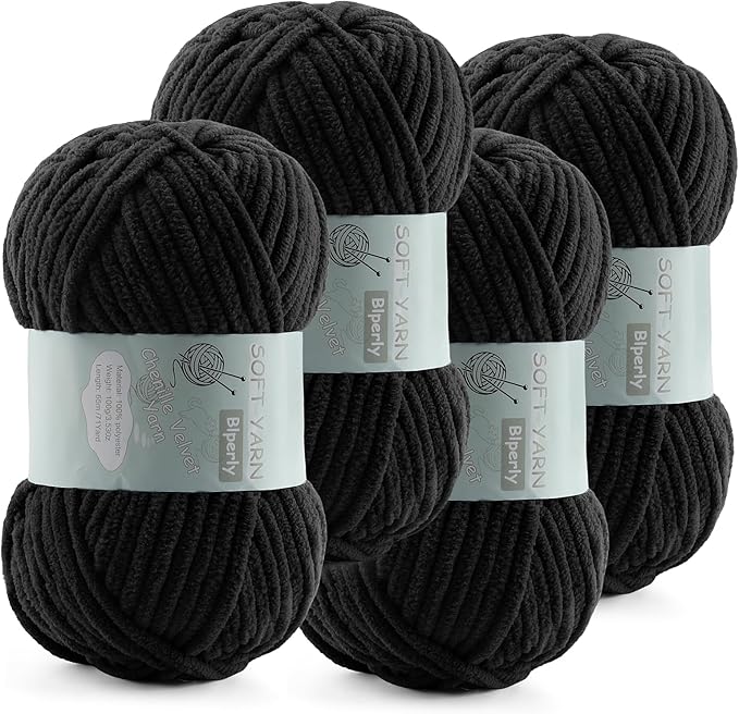Chunky Chenille Yarn Velvet Soft Super Bulky Size 6 for Crocheting Knitting, Baby Blanket Yarn, 100g 71 Yds per Skein, Easy to Use for Scarves, Amigurumi, Crafts (4, Black)