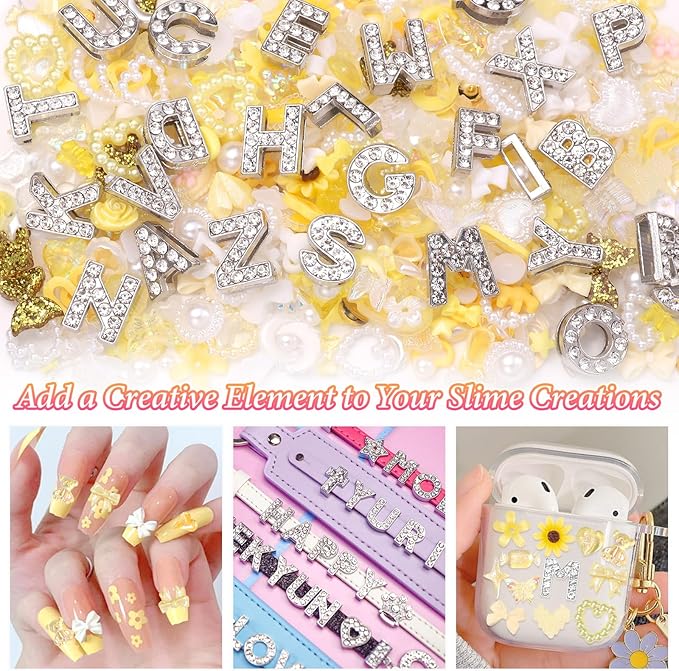 330 Pcs Junk Phone Case Charms 26 Pcs A-Z Rhinestone Alphabet Letter Charm, Mix Yellow Flower Bow Heart Pearls Flatback Resin Charms Letter Junk Cases Kit for DIY Crafts