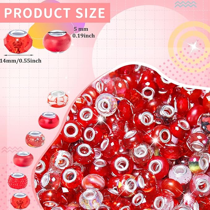 60Pcs Large Hole Beads Spacer Beads Red Assorted European Craft Big Beads Large Hole Lampwork Murano Bead Fairy Wand Garden Bead for DIY Charm Bracelet Necklace Jewelry Making Decoration Supplies