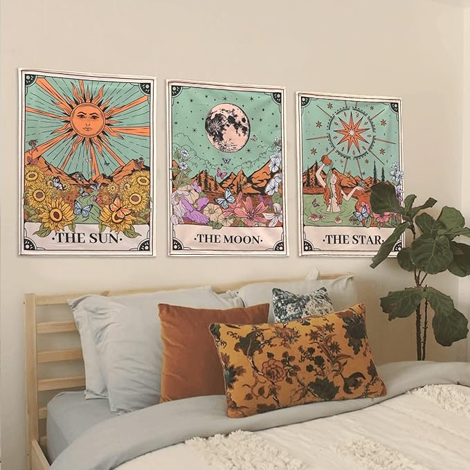 aipon tarot tapestry cute tarot card tapestries 3 pack sun moon star green floral flower small aesthetic tapestry wall hanging for bedroom living room dorm (15'' × 20'')