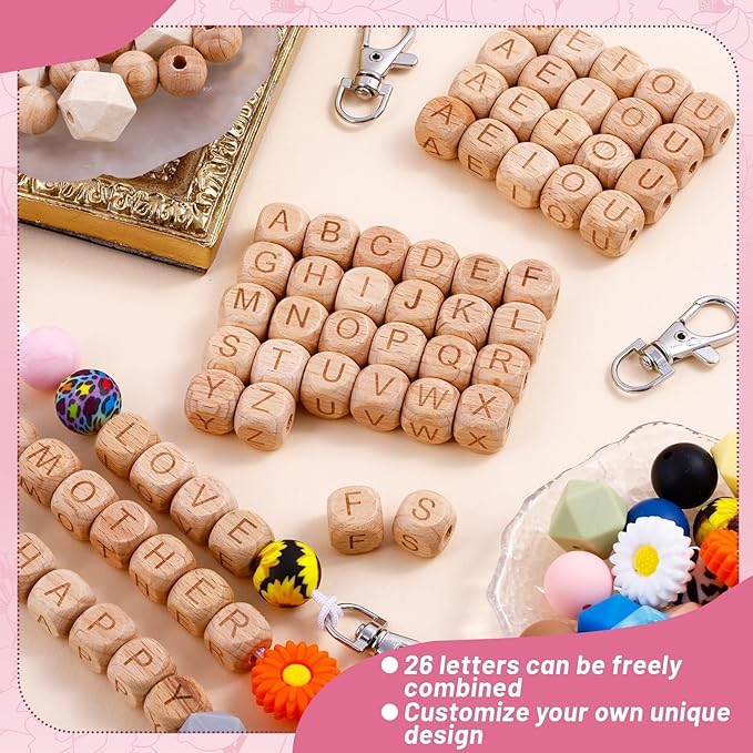 TOHONGADON 213 Pcs Silicone Beads for Keychain Making, 12mm Wood Letter Keychain 15mm Round 14mm Polygonal Silicone, Focal Silicones Beads for DIY Key Ring Women