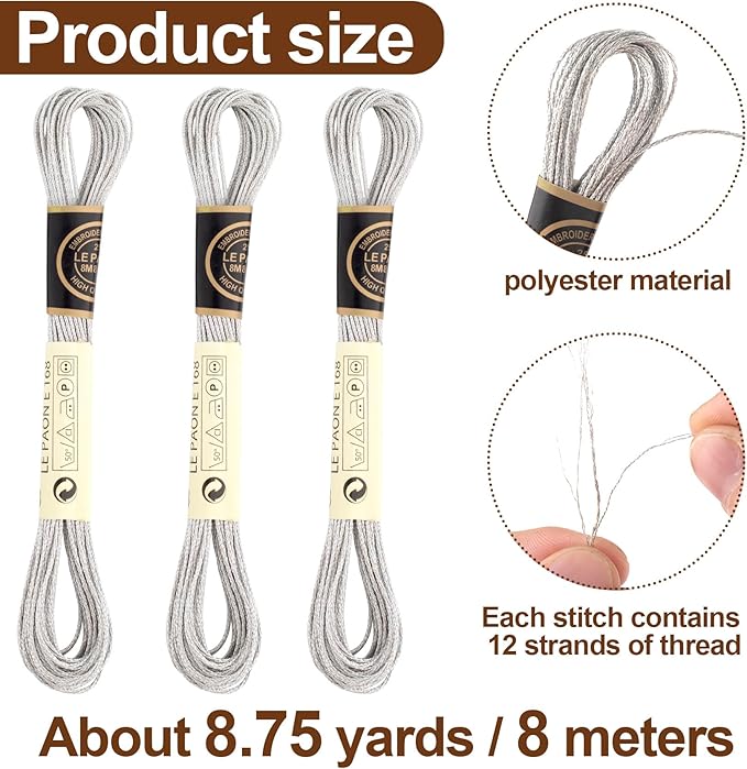 3 Skeins Metallic Embroidery Floss, Glitter Embroidery Thread String, Polyester Cross-Stitch Threads for Hand Embroidery, String Art, DIY Bracelet- Silver