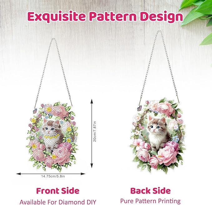 MEIYUDA Cat Diamond Art Hanging Kits for Adult, Flower Wreath Cat Diamond Painting Hanging Kits Ornaments, DIY Special Shaped Rhinestone Window Pendants Kit for Home Garden Wall Decor Gift