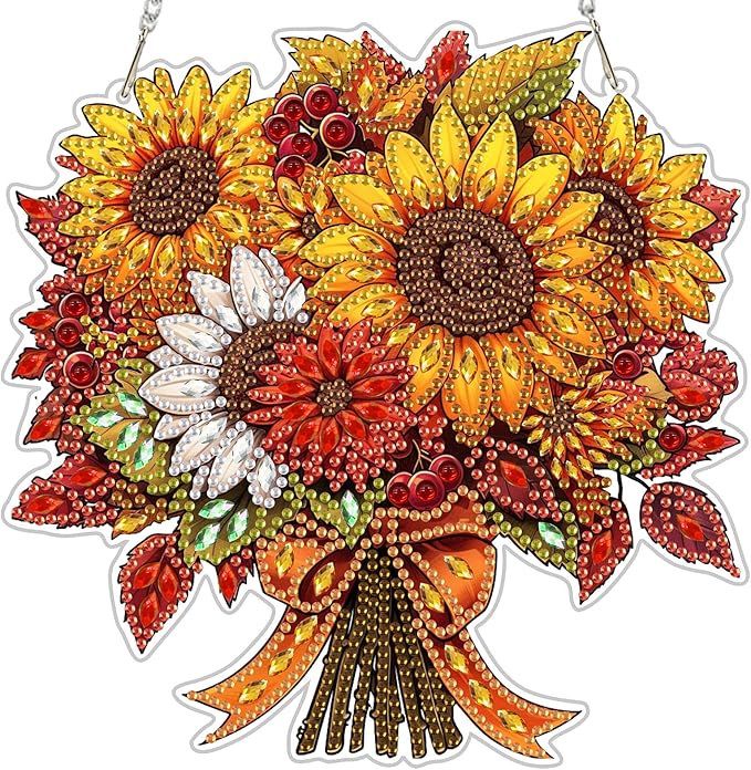 NEWENMO Diamond Art Hanging Kit for Adult, Sunflower Bouquet, DIY Double Sided Acrylic Special Shaped Diamond Art Painting Window Pendant Flowers, Home Garden Wall Hanging Ornament Kits