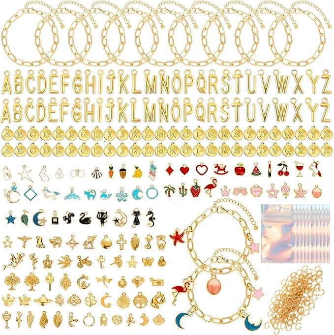 wxfhtda Charm Bracelet Making Kit for Adults & Teens, 428 Pieces DIY Charm Bracelet Set with Gold Charms, Including Paperclip Chain Bracelets, Charms, Jump Rings for Jewelry Making