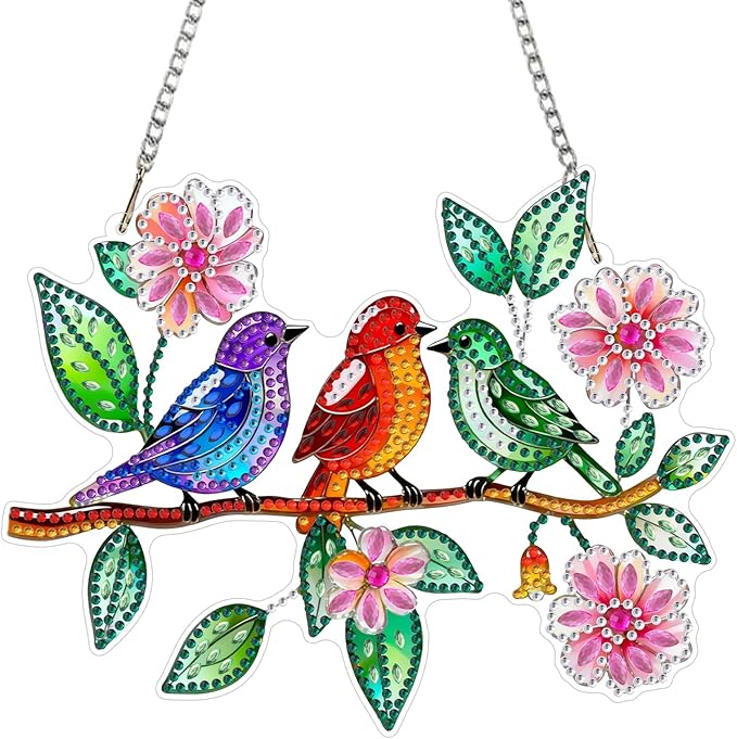 CEOVR Birds Hanging Diamond Art for Adults, Spring Birds Flower Diamond Painting Pendant DIY Gem Art Wall Hanging Ornament, Acrylic Home Garden Decor with Chain, Box Kit 7.87 * 6.29inch