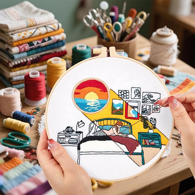 Embroidery Kits for Beginners Adults Sunrise Hand Embroidery Starter Kits, Cross Stitch Kits for Beginners DIY Craft Kits for Adults Women, Entire Set of Embroidery Supplies Full-length Video Tutorial