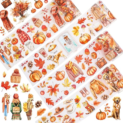 JarThenaAMCS 39.2 Ft Fall PET Washi Tape Autumn Orange Transparent Adhesive Masking Tape for Cut & Use as Thanksgiving People Stickers Scrapbook Journal DIY Crafts Wrapping,4 Rolls