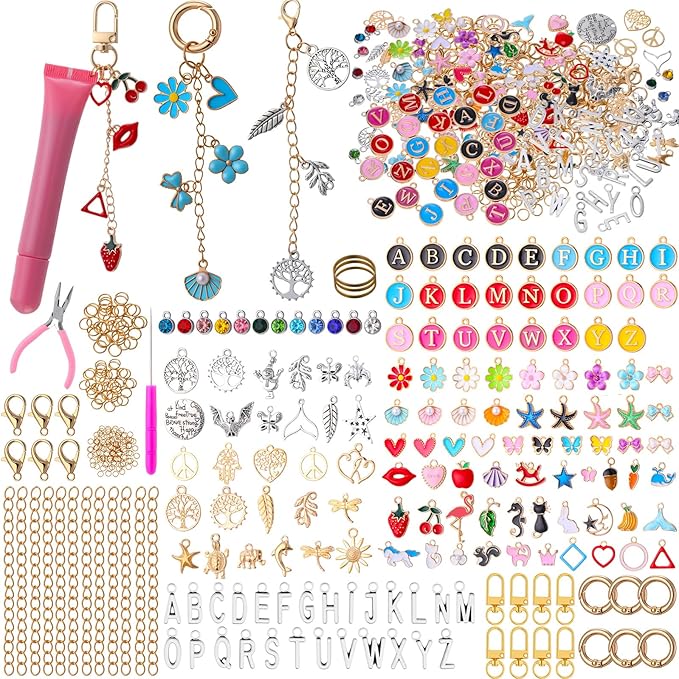Tondiamo 443 Pcs Charms Lip Gloss Keychain Making Kit DIY Bag Charm Jewelry Chain Including 150 Charms 40 Extender Chain 40 Keychain Clips 200 Jump Ring Jewelry Plier for DIY Crafts Women
