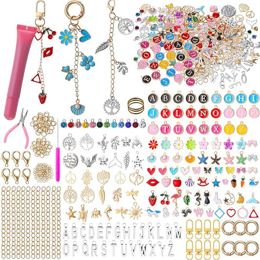 Tondiamo 443 Pcs Charms Lip Gloss Keychain Making Kit DIY Bag Charm Jewelry Chain Including 150 Charms 40 Extender Chain 40 Keychain Clips 200 Jump Ring Jewelry Plier for DIY Crafts Women